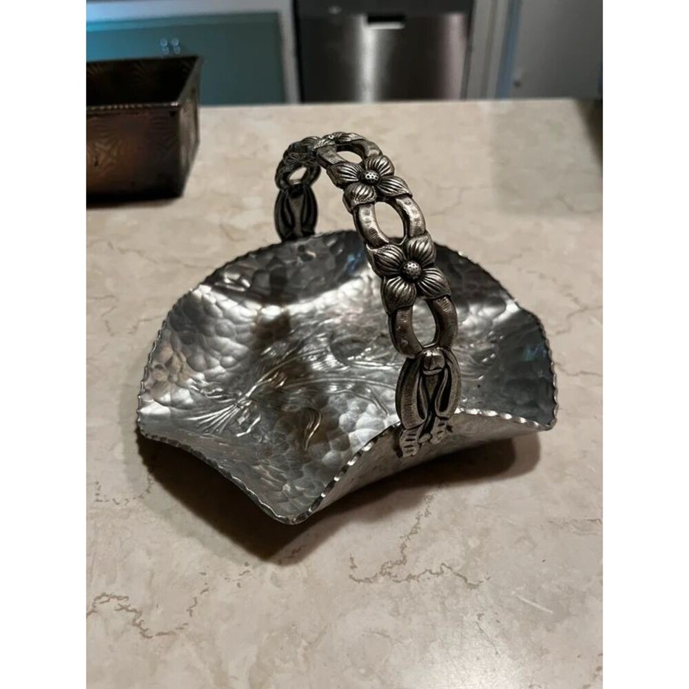 Vintage hand etched floral metal candy basket grandma core cottage core